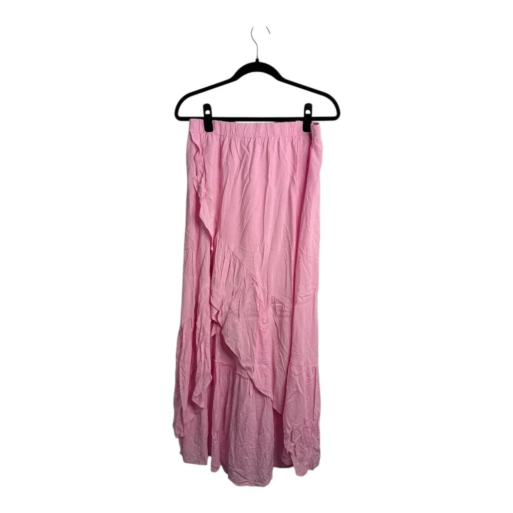 NWT Halara Light Pink Ruffle Split Front Maxi Skirt Elastic Waist Size Large - Picture 2 of 8